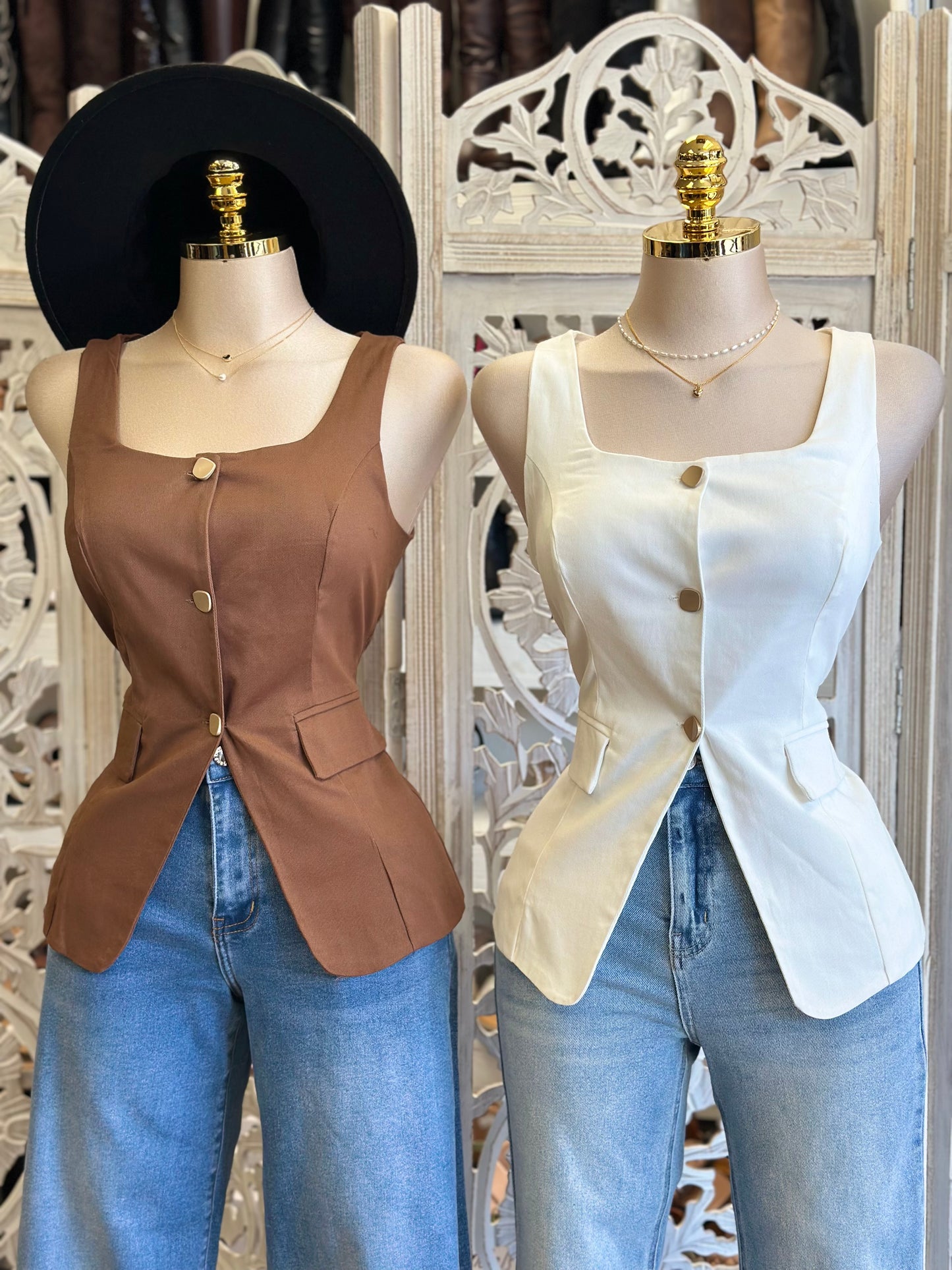 Square Beck Gold Button Blouse Top- Estira, Stretchy