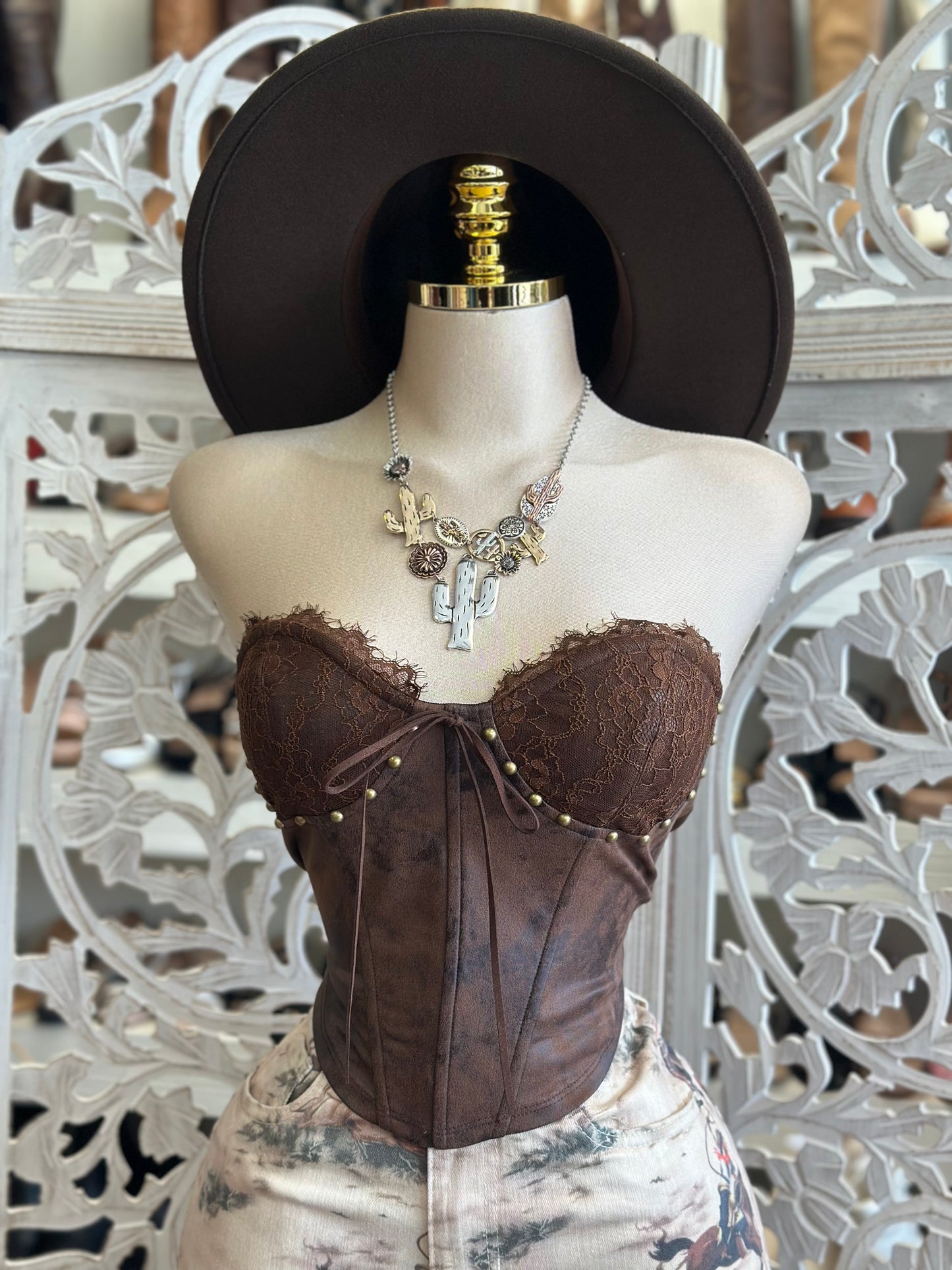Faux Leather Brown Studded Lace Corset