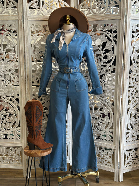 Denim Belt Buckle Embroidered Jumpsuit - Slightly Stretchy,Estira Poco