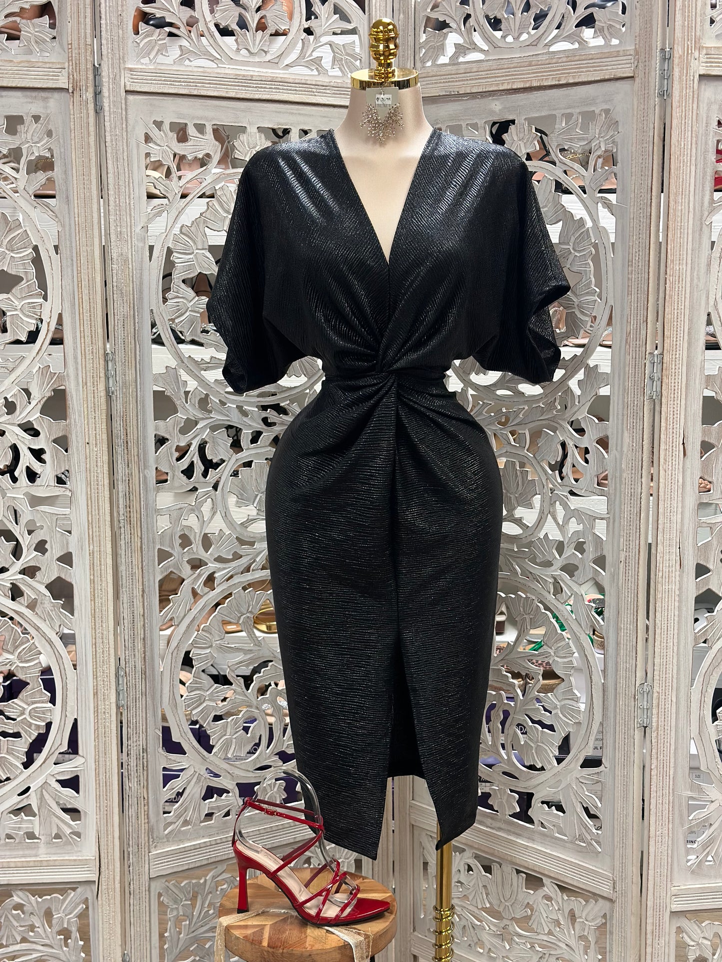 Black Metallic Knit Knotted Midi Dress- Stretchy,Estira
