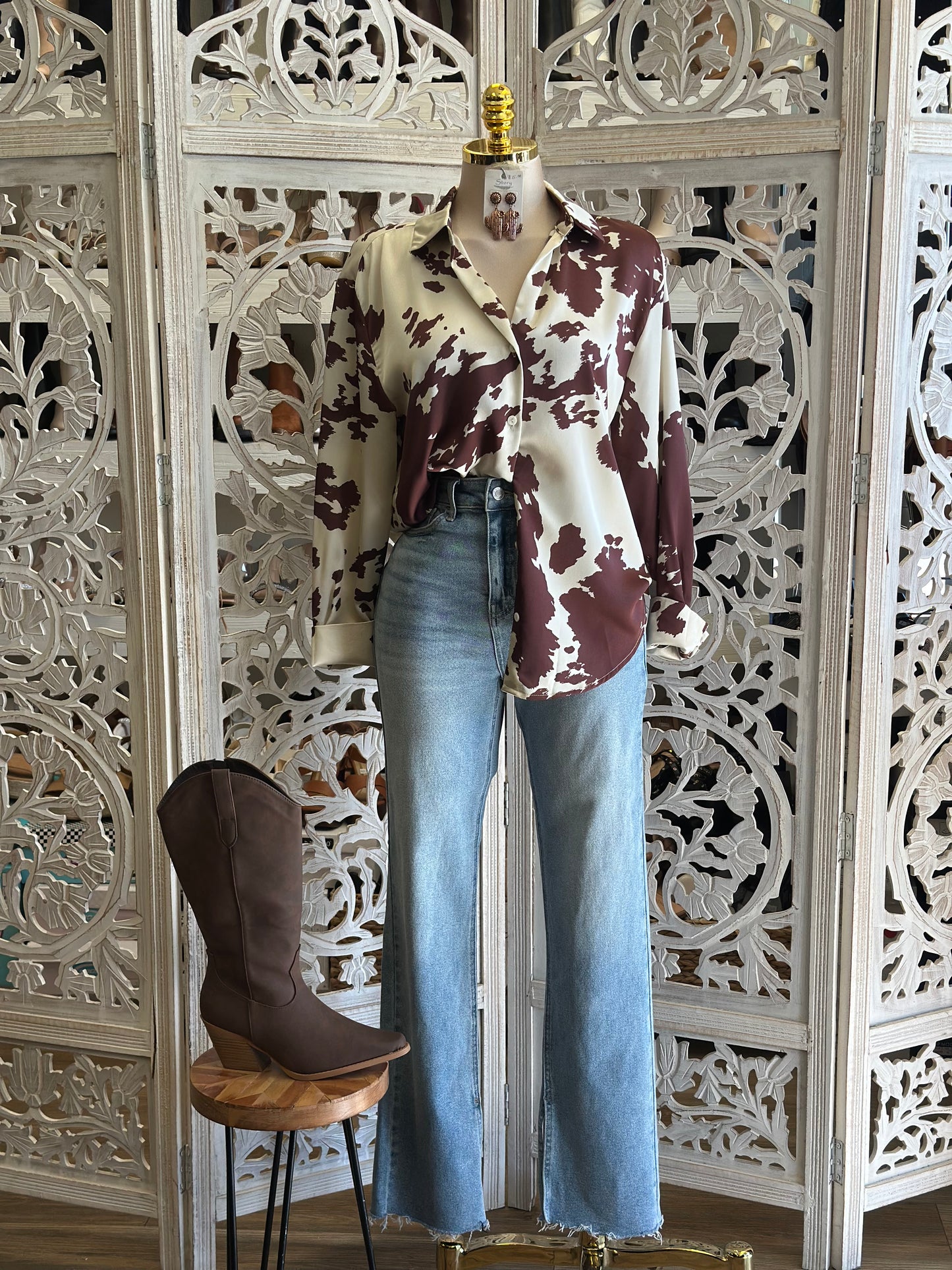 Cow Print Button Blouse- Estira, Stretchy