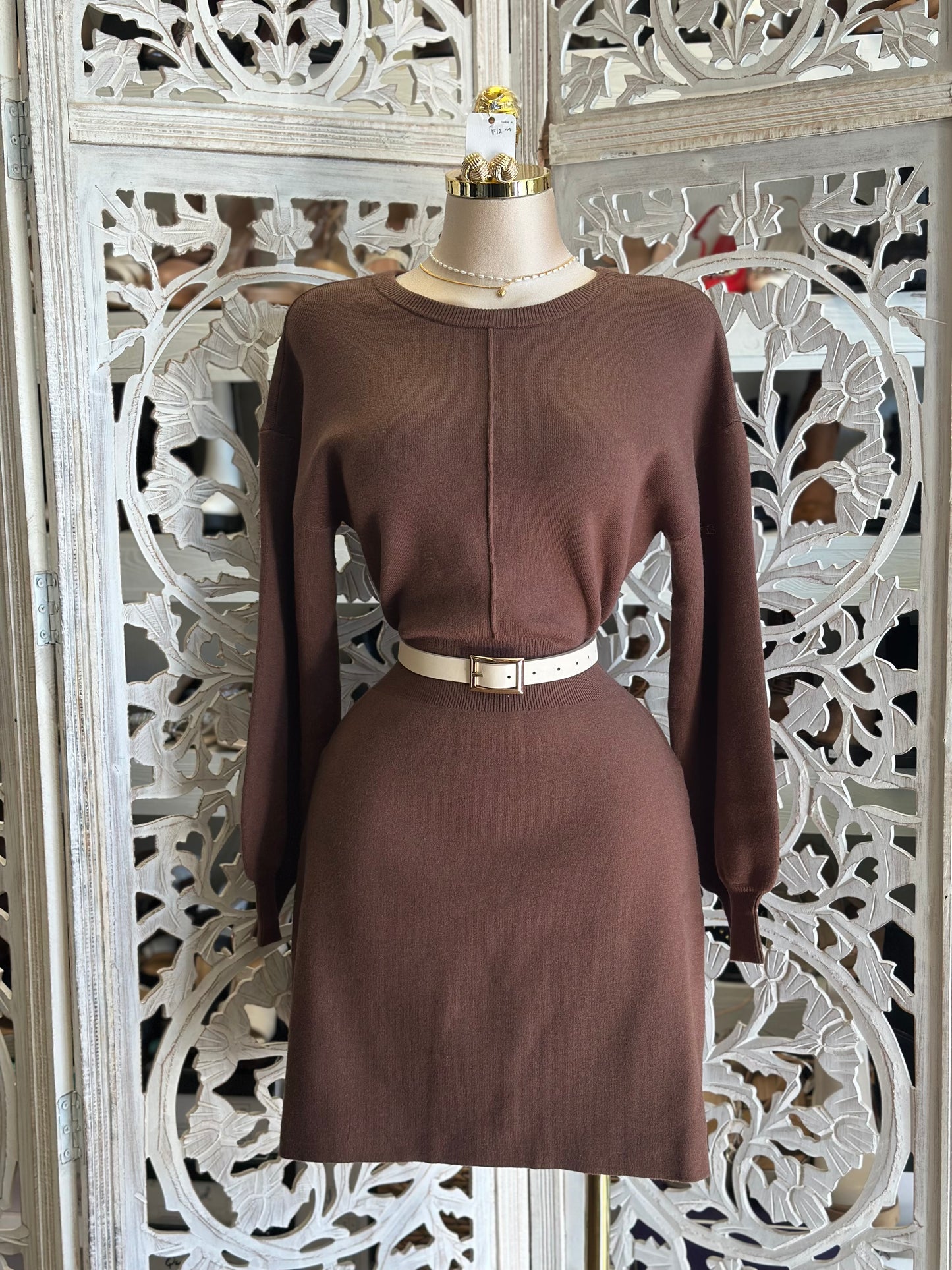 Dark Brown Sweater Mini Dress- Stretchy,Estira