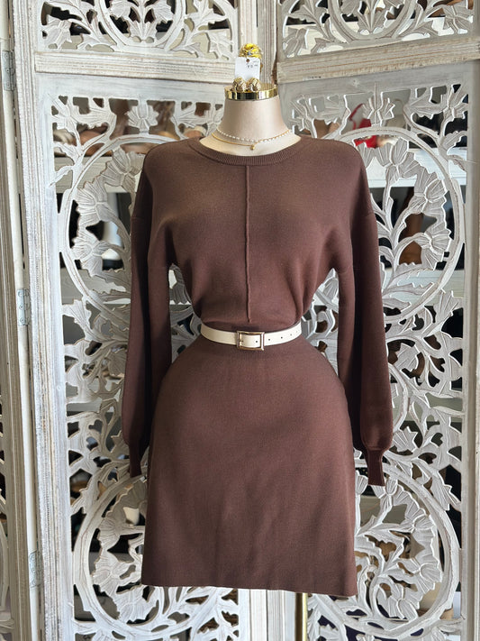 Dark Brown Sweater Mini Dress- Stretchy,Estira