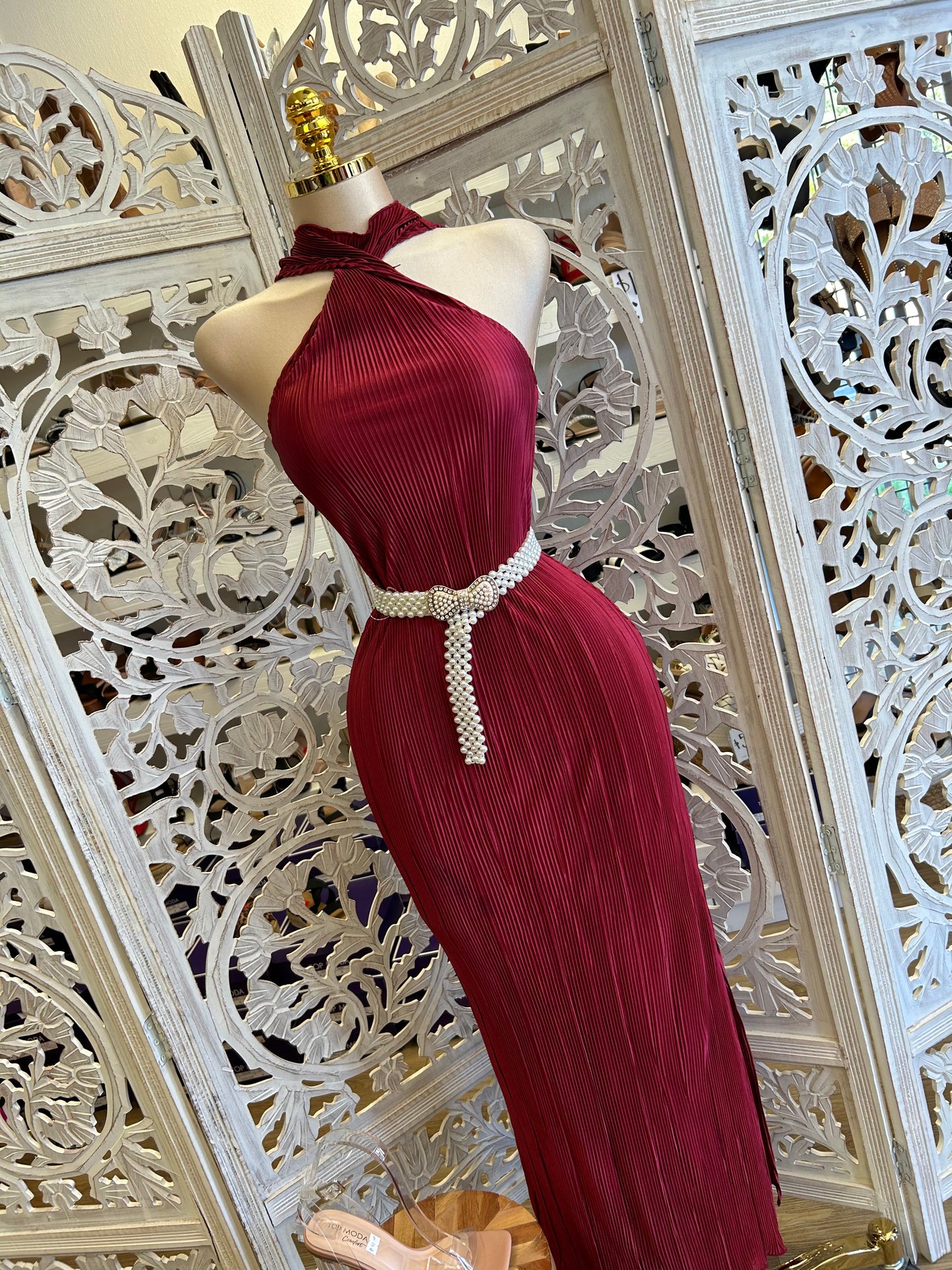 Burgundy Scrunched Twisted Front Dress- Stretchy