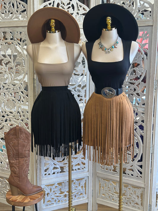 Suede Fringe Mini Skirt-  Stretchy , Estira