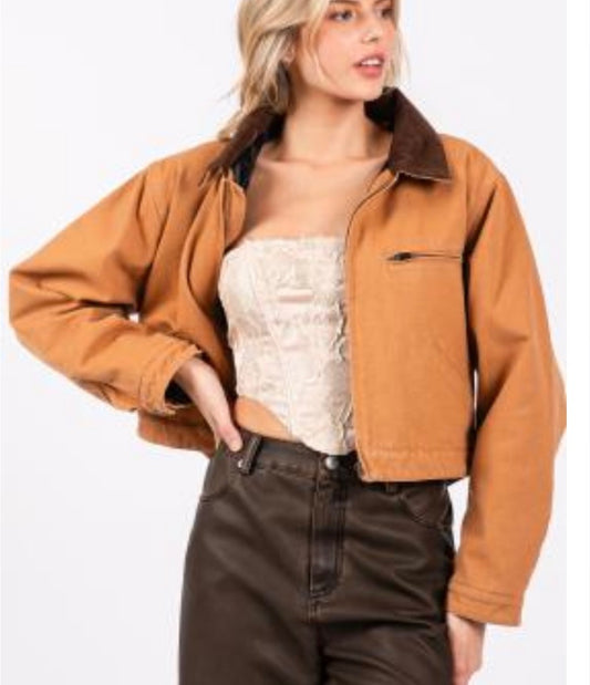 Corduroy Neck Brown Cropped Jacket