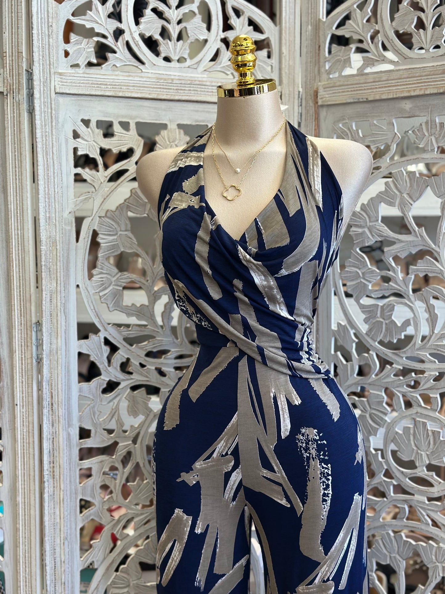 Deep Blue Pattern Jumpsuit - Stretchy,Estira