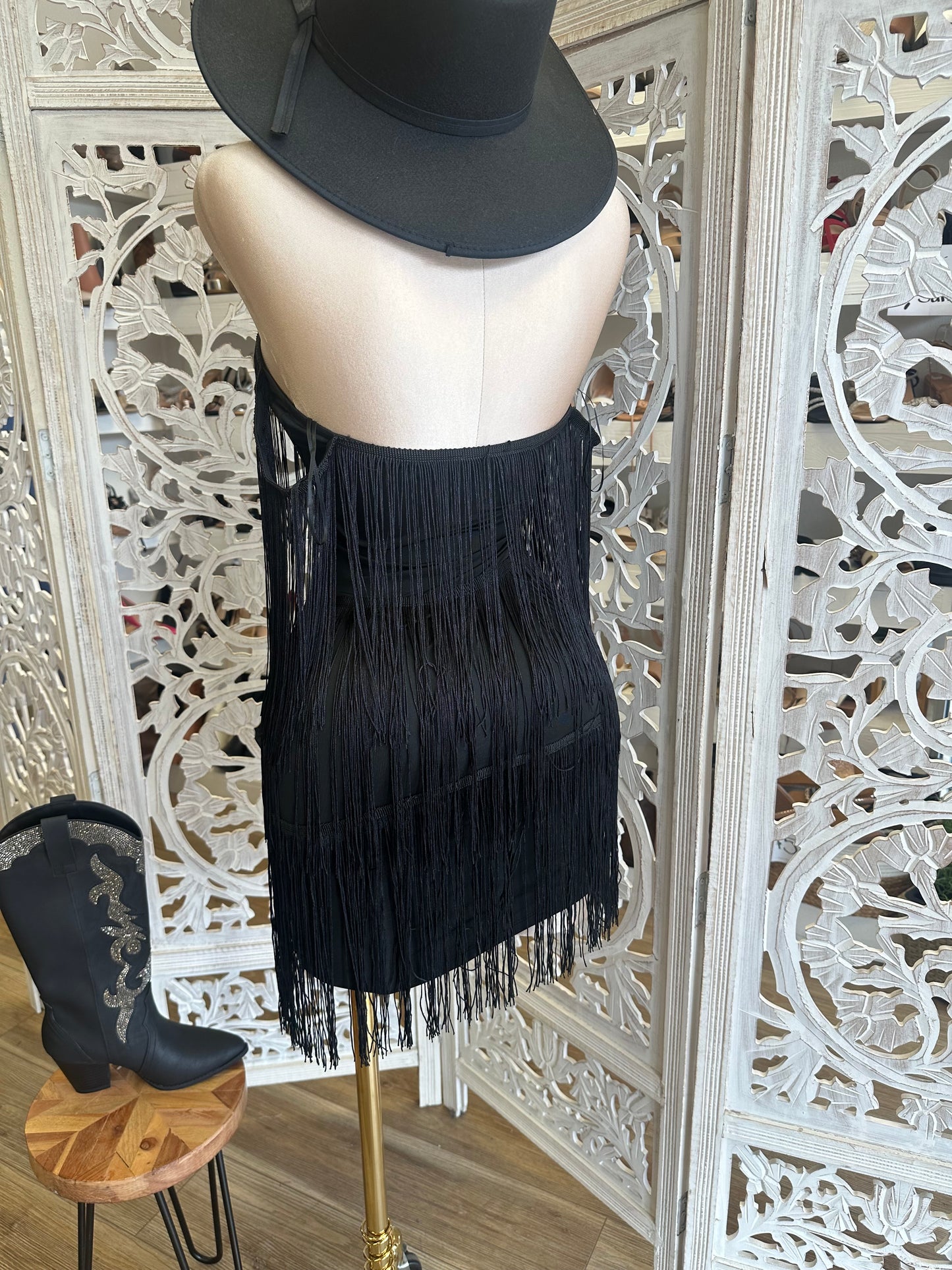 Black Fringe Dress- Stretchy, Estira