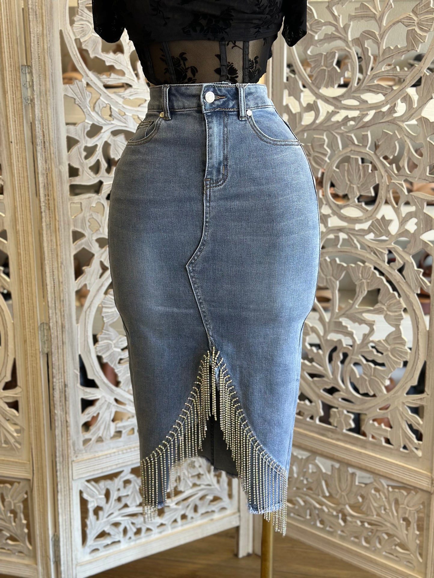 Rhinestone Fringe Denim Midi Skirt -Stretchy