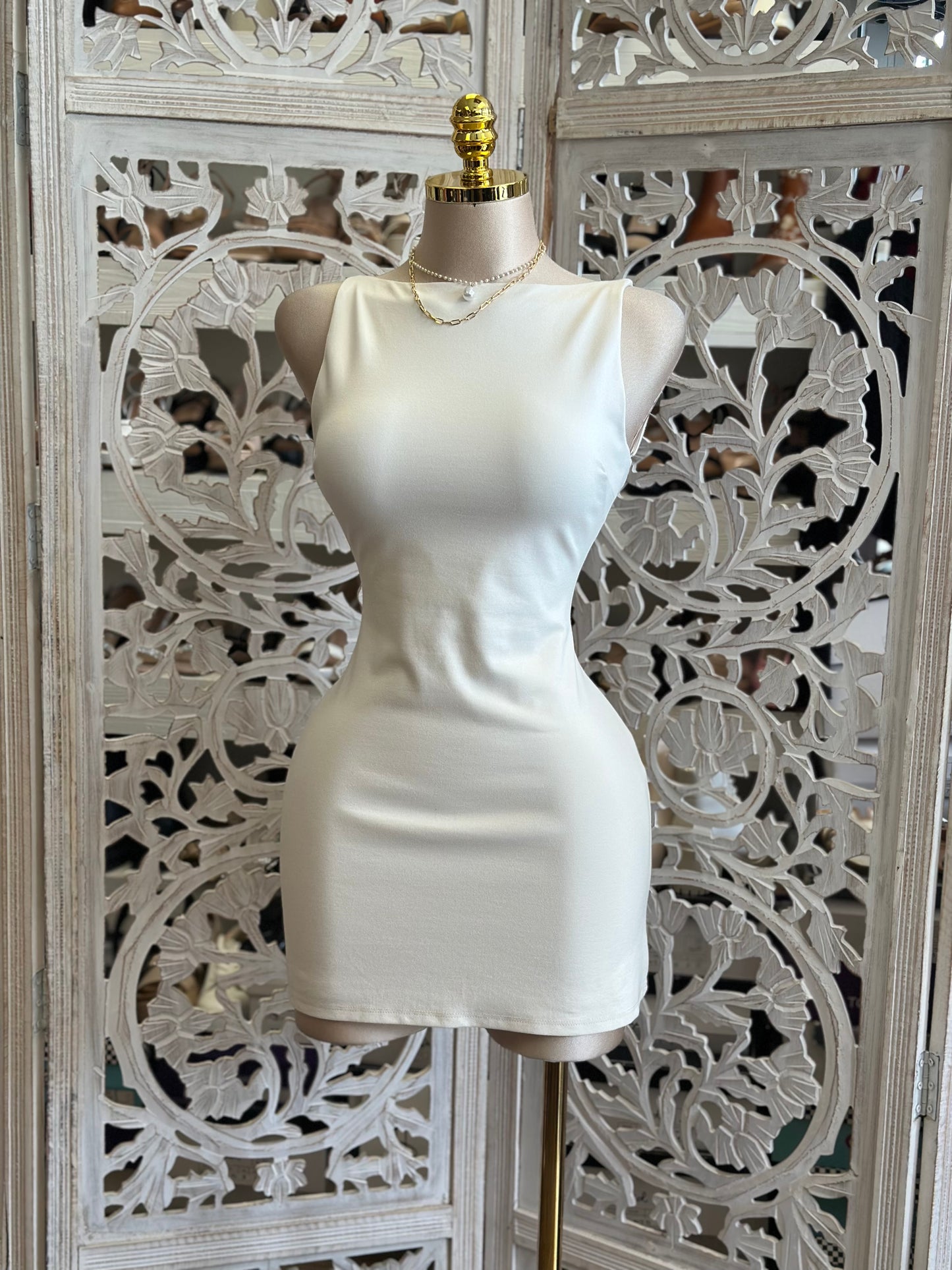 Scoop Back Ivory Mini Dress- Stretchy, Estira