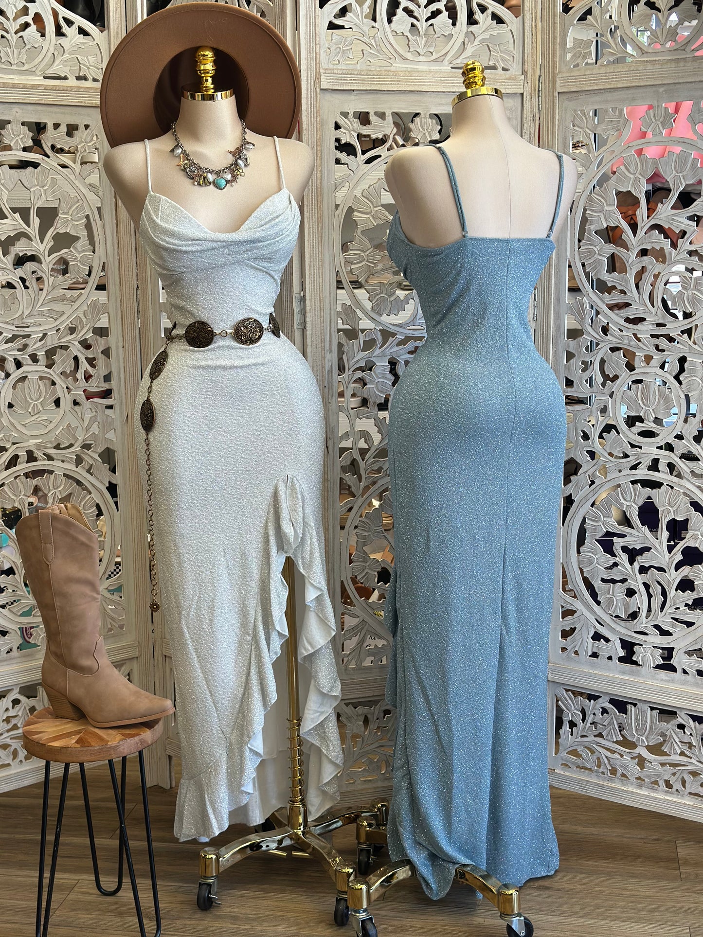 Shimmery Ruffle Slit Cami Midi Dress - Estira, Stretchy