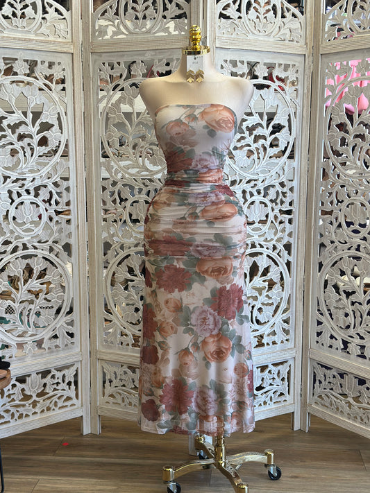 Rusted Floral Midi Dress- Stretchy, Estira