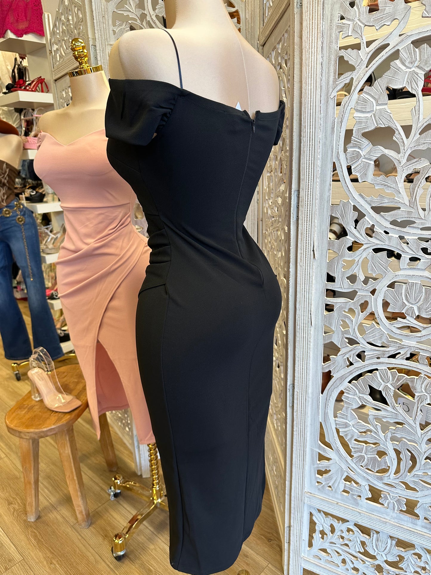 Wrapped Off Shoulder Midi Dress- Stretchy