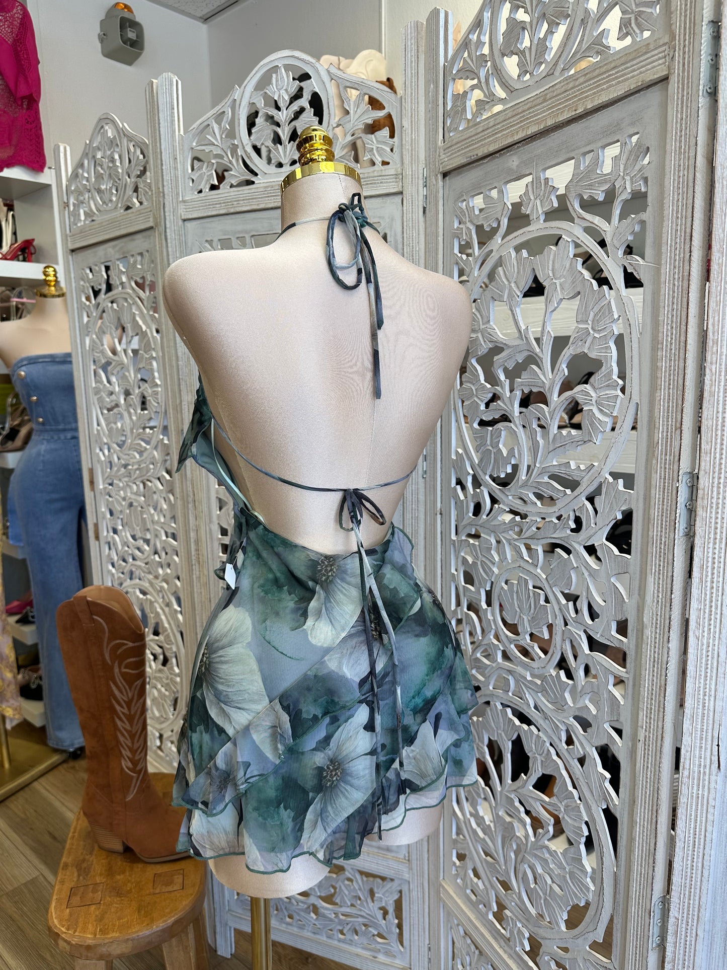 Ruffle Floral Pattern Mini Backless Dress- Stretchy, Estira
