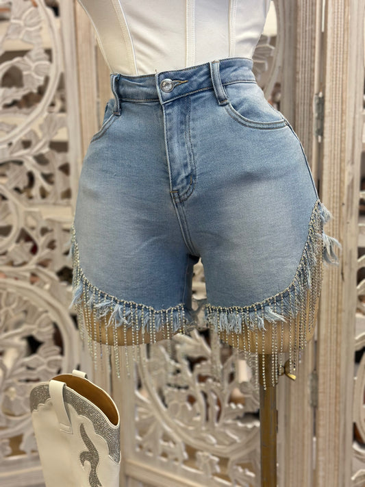 Rhinestone Fringe Distressed High Rise Shorts- Stretchy