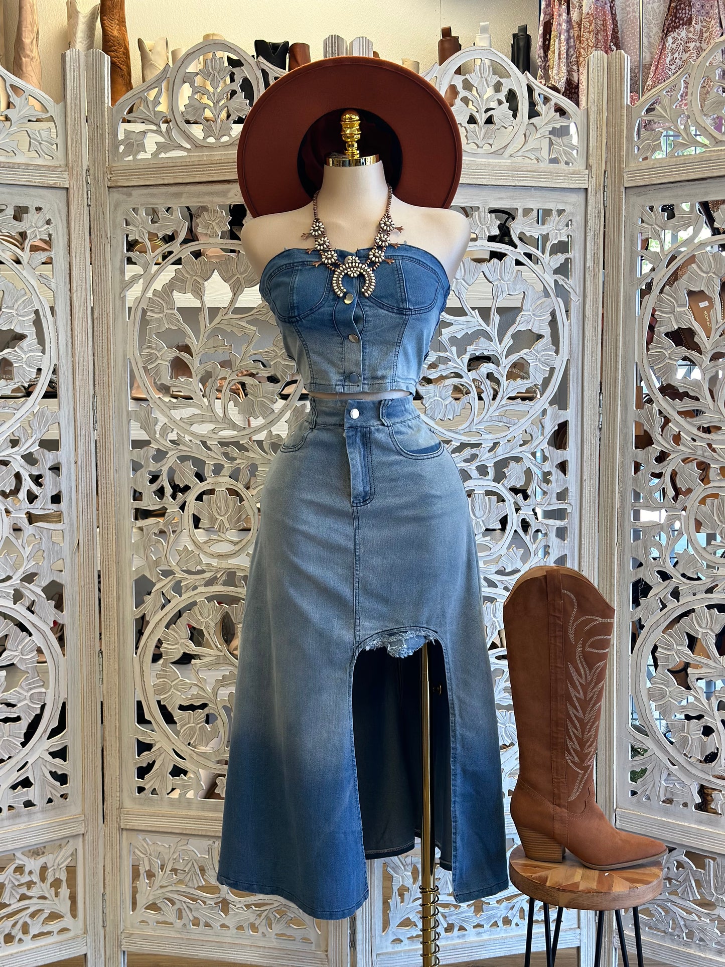 Denim Maxi Skirt Set - No Estira, Not Stretchy