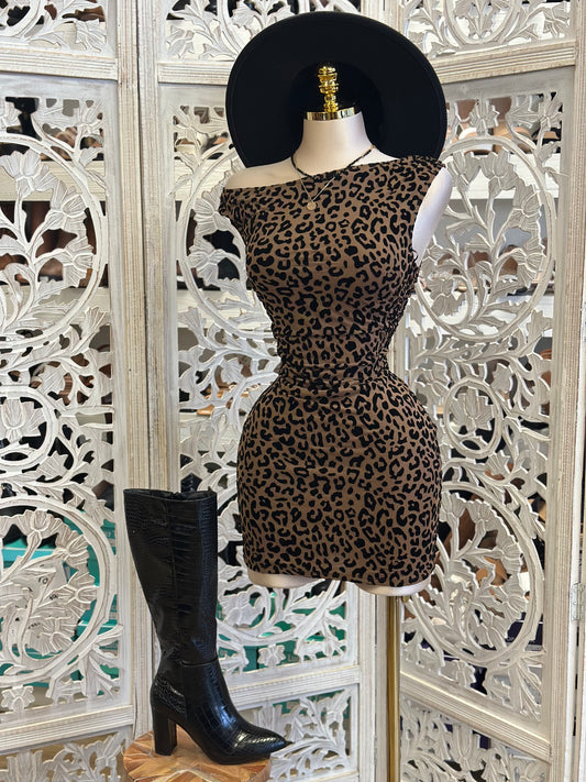Asymmetrical Cheetah Print Mini Dress- Stretchy,Estira
