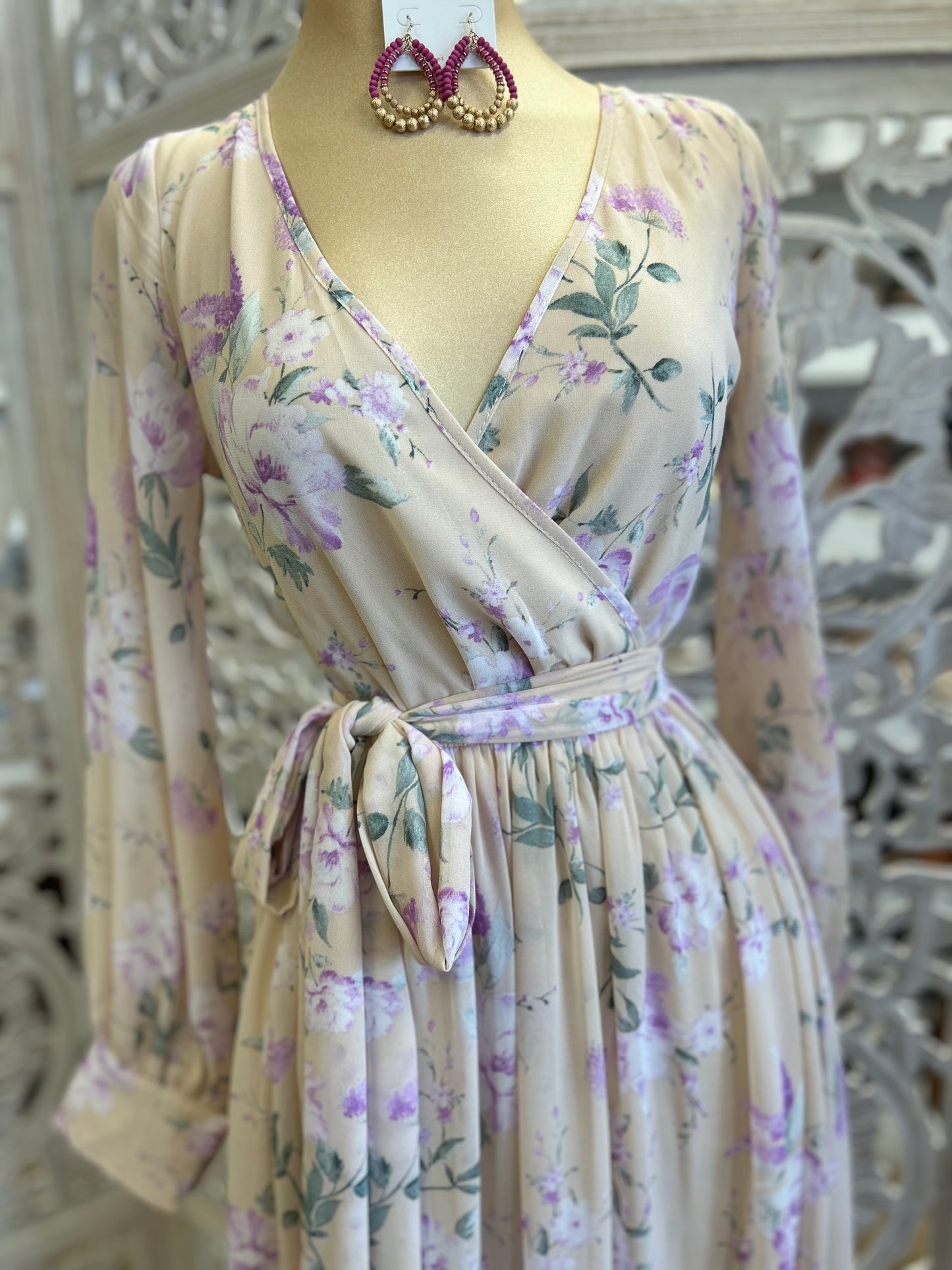 Beige Floral Wrapped Maxi Dress- Slightly Stretchy