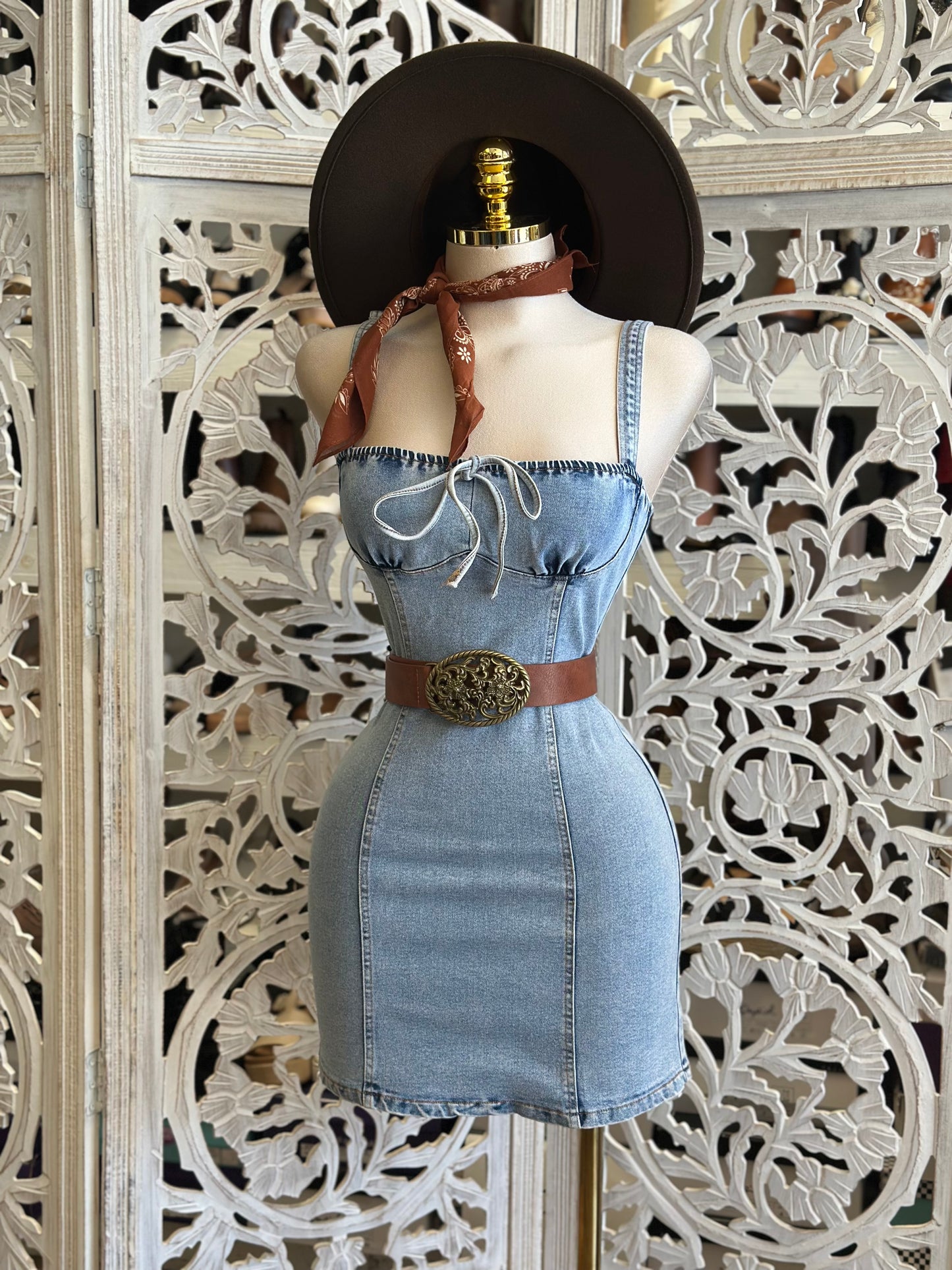 Denim Square Neck Mini Dress-Estira Poco, Slightly Stretchy