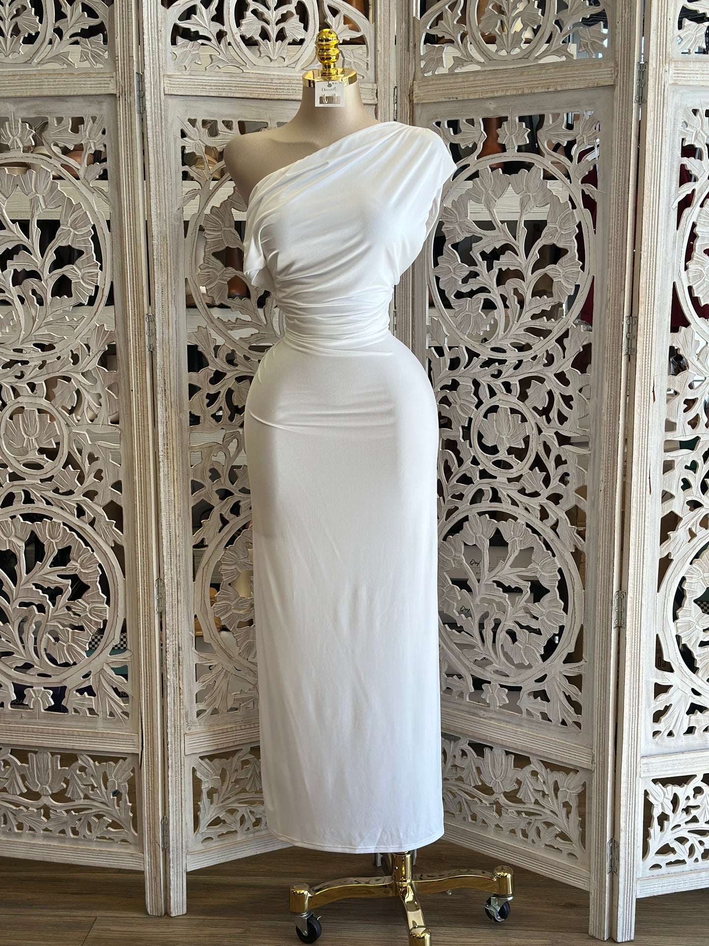 Dove White Asymmetrical Dress-Estira, Stretchy