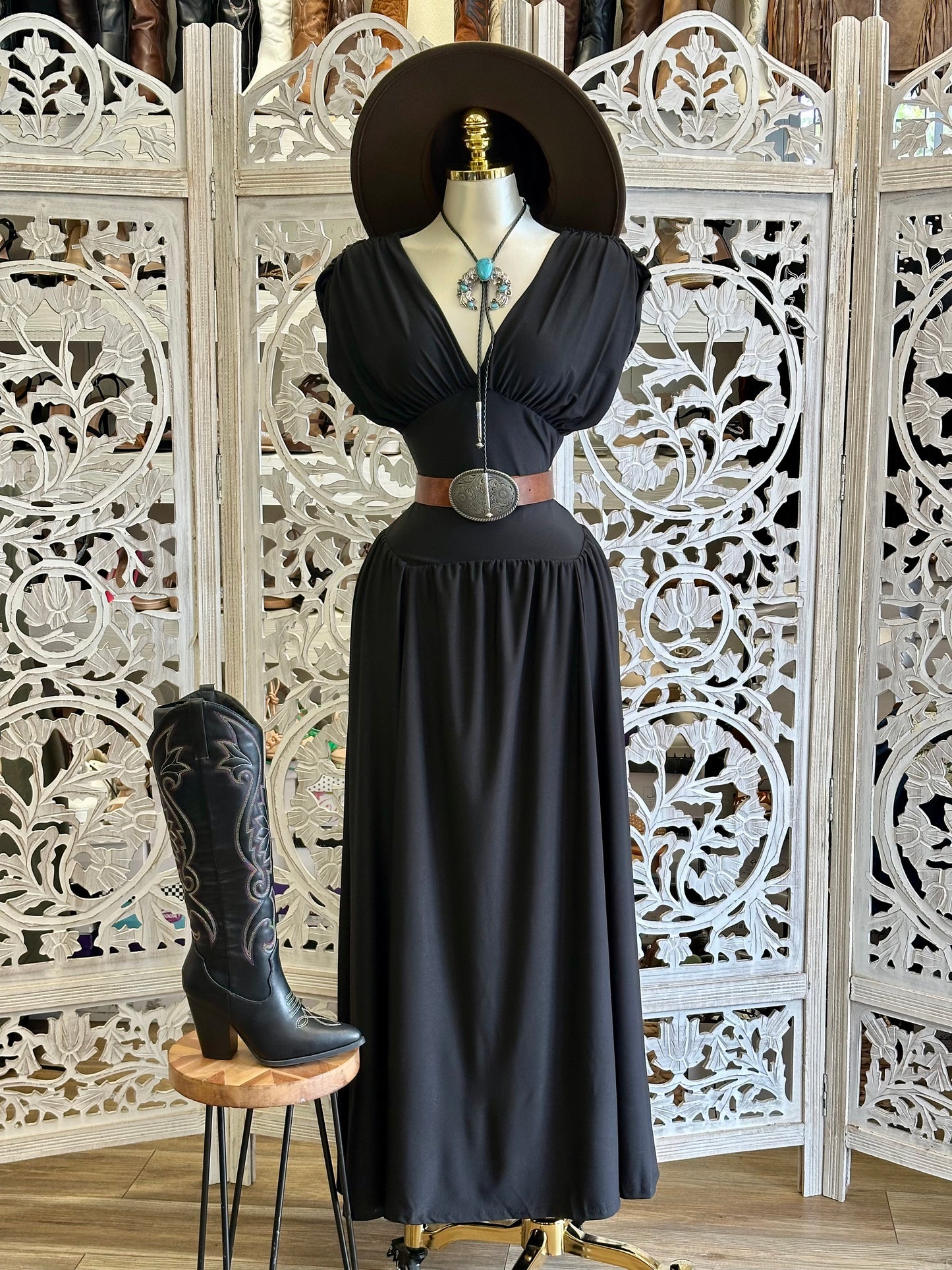 Midnight Wanderer Ruched Western Maxi Dress- Stretchy, Estira