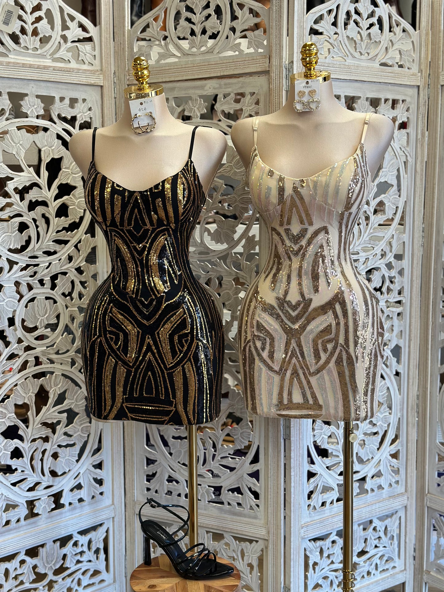 Sequin Pattern Cami Mini Dress- Stretchy, Estira