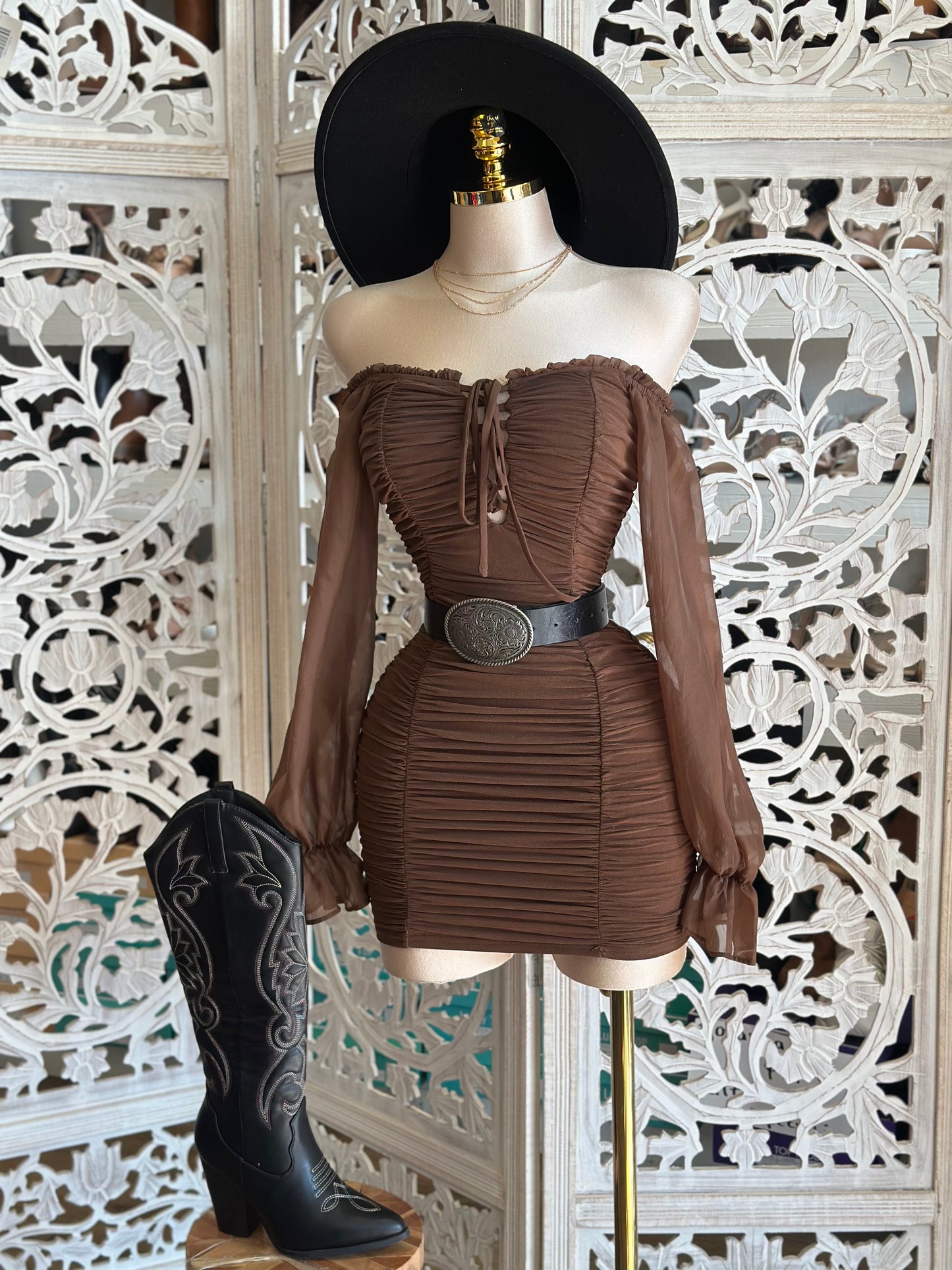 Brown Ruched Bell Sleeve Mini Dress- Stretchy,Estira