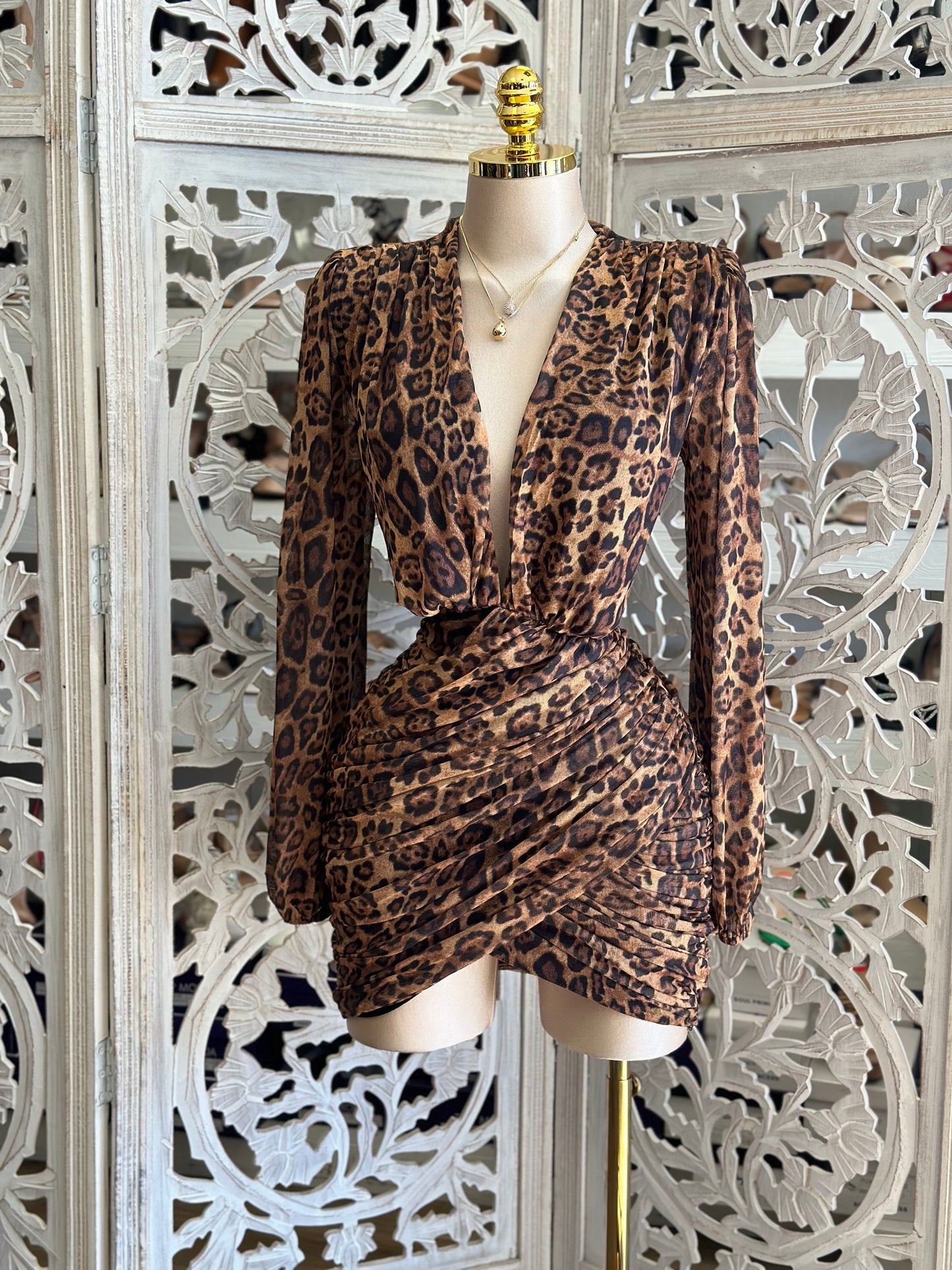 Deep V Wrapped Cheetah Mini Dress- Stretchy, Estira