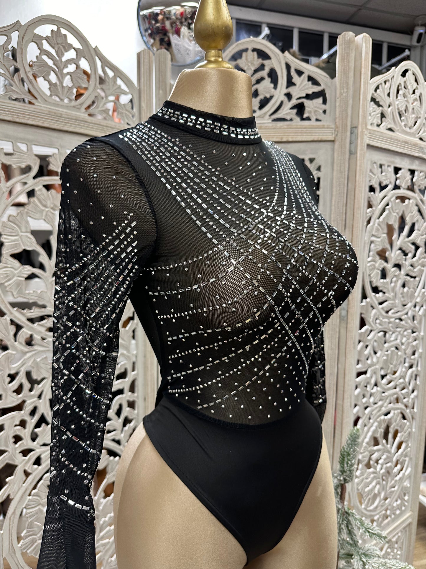 Mesh Rihinestone Pattern Bodysuit