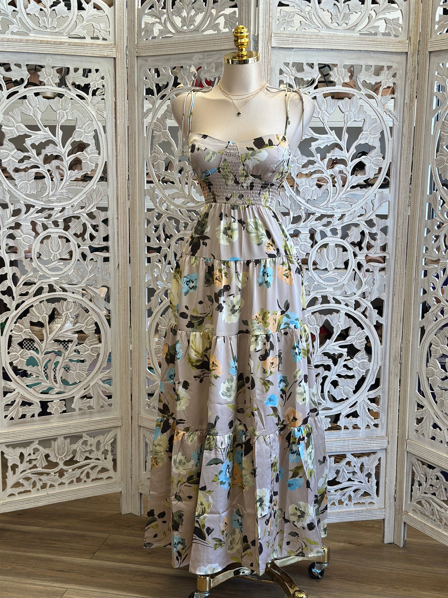 Satin Beige Floral Maxi Dress Dress- Estira, Stretchy