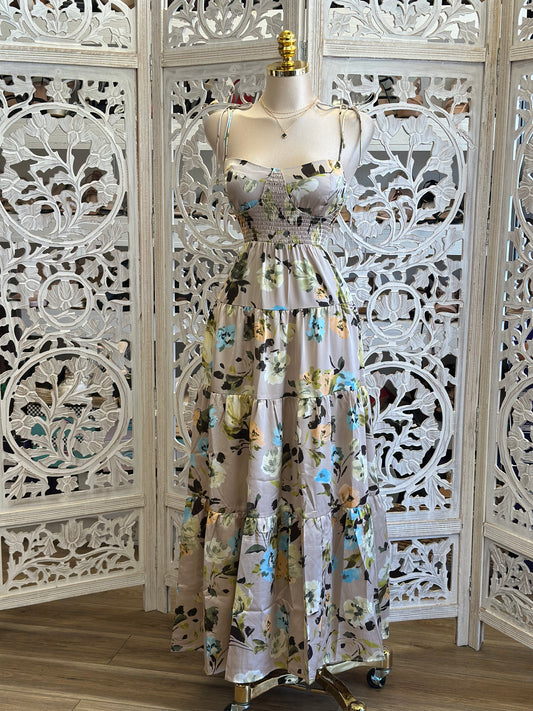 Satin Beige Floral Maxi Dress Dress- Estira, Stretchy