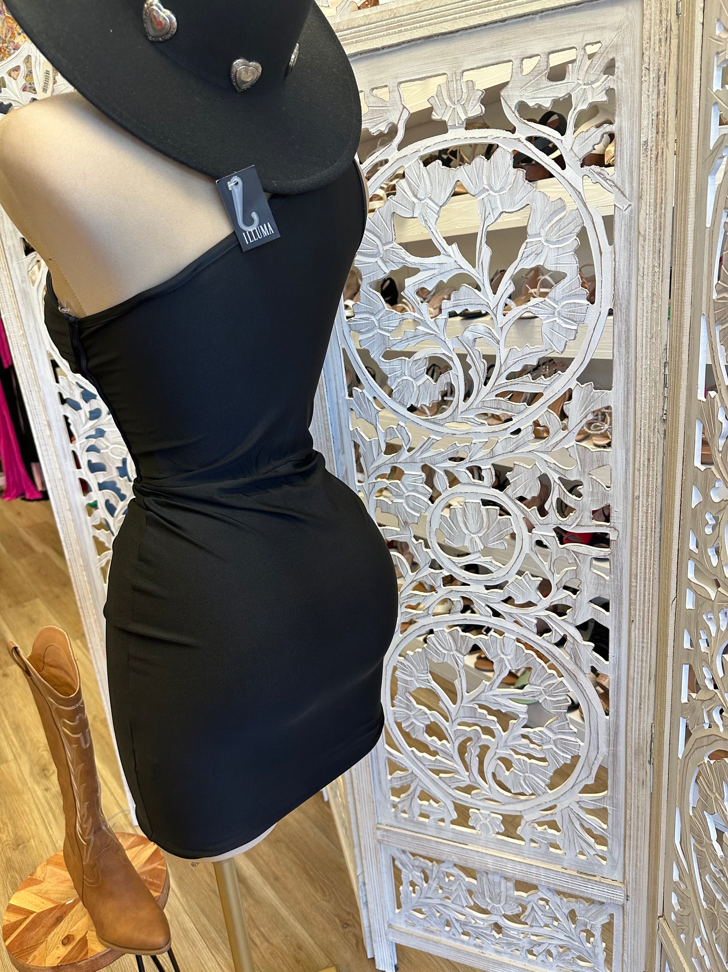 Cutout One Sleeve Black Corset Dress