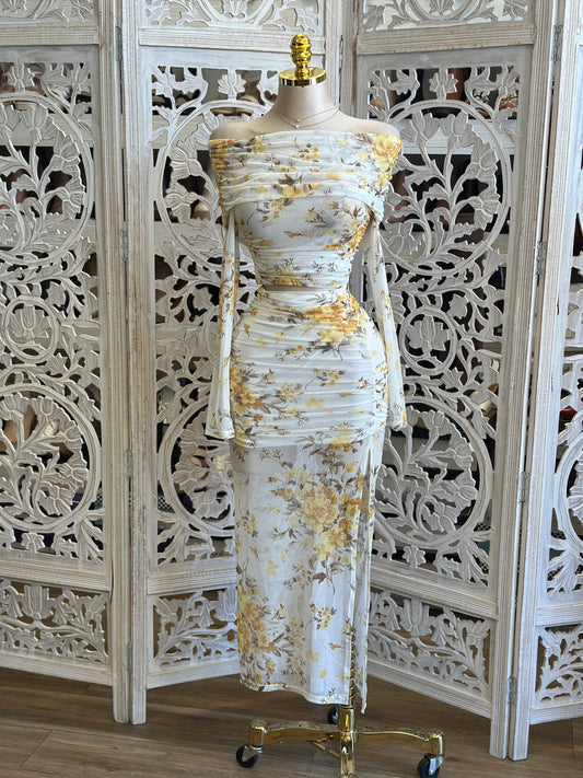 Yellow Floral Off Shoulder Set- Stretchy, Estira