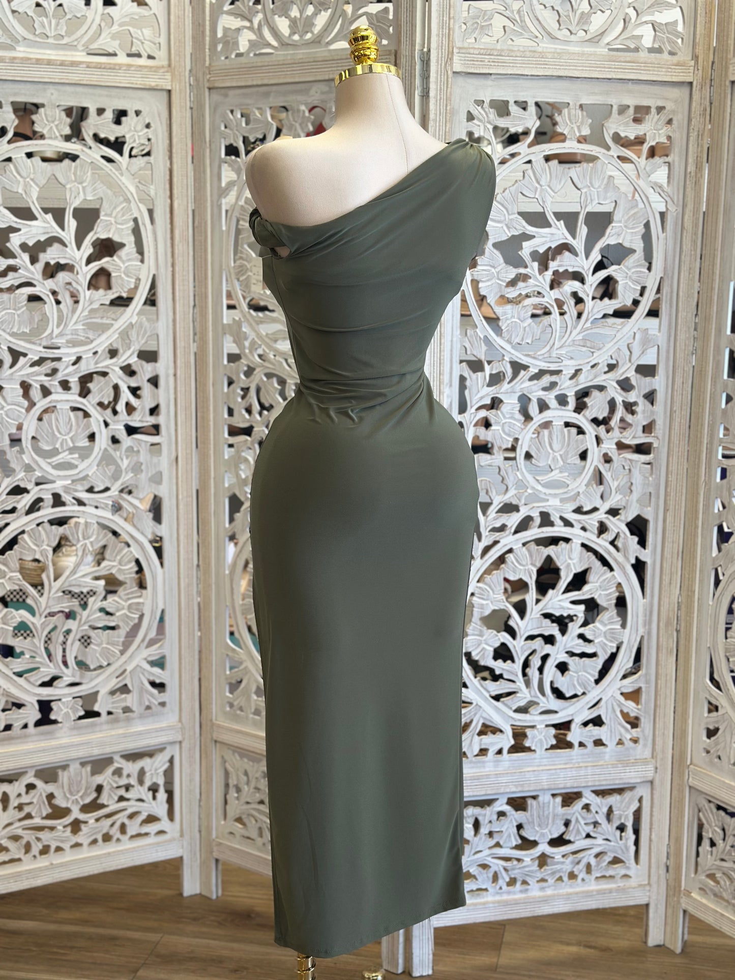 Asymmetrical Olive Knotted Dress-Estira, Stretchy