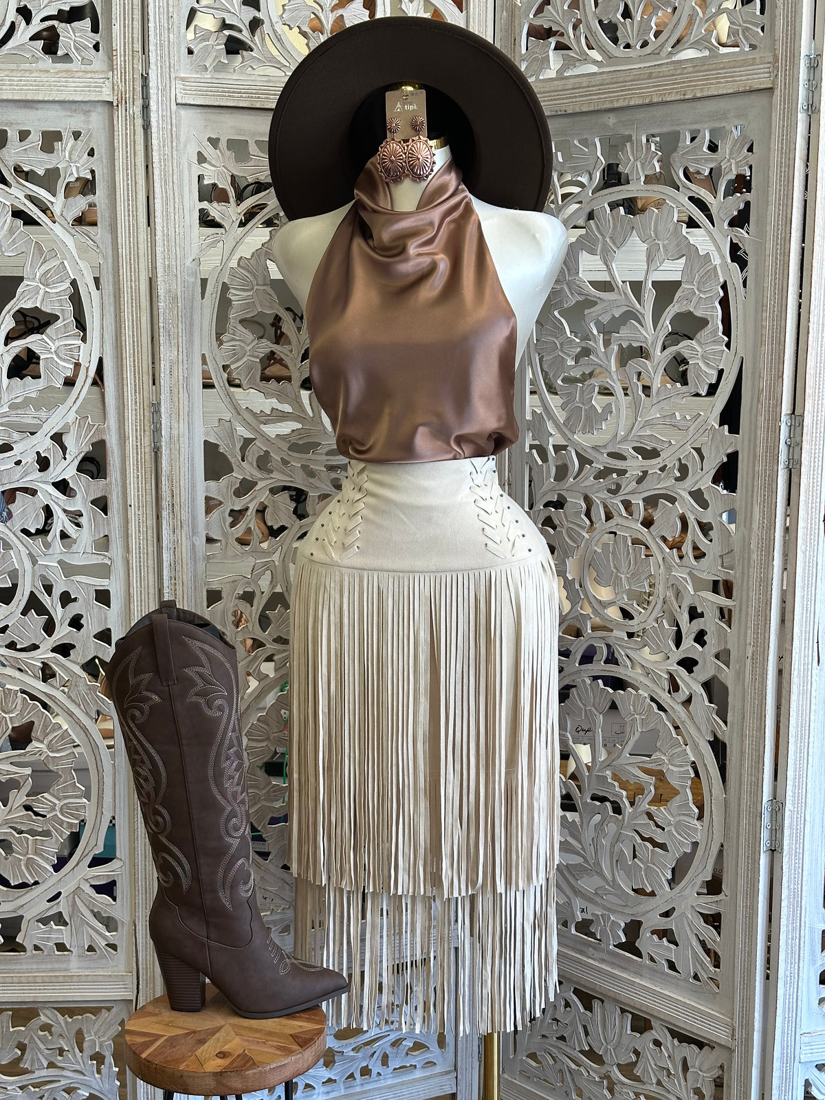 Natural Cream Desert Darling Fringe Skirt - Estira, Stretchy