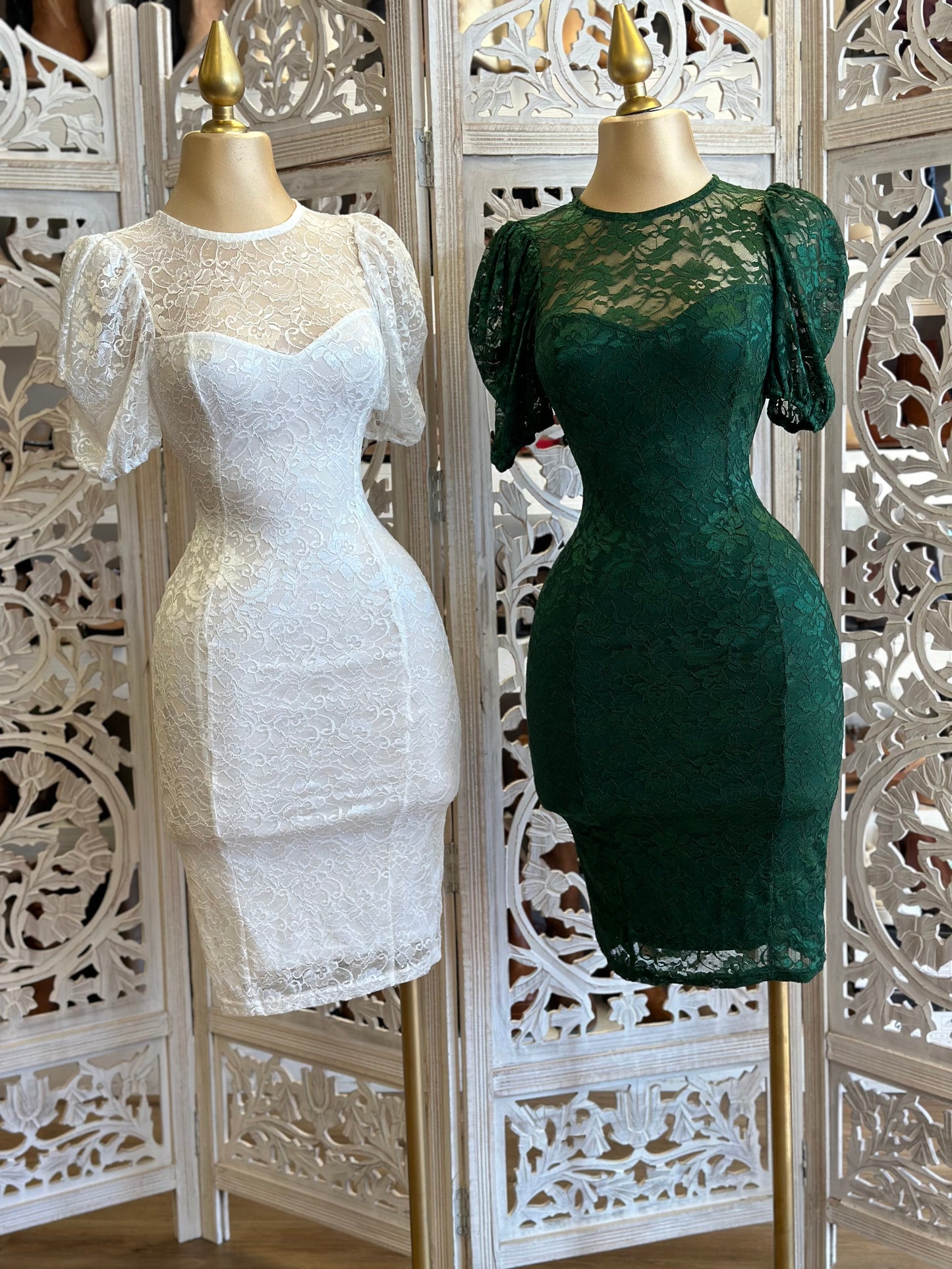 Lace Mock Neck Puff Sleeve Dress- Stretchy