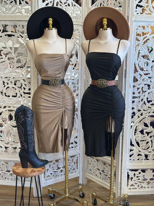 Ruched Slit Cami Dress - Estira, Stretchy