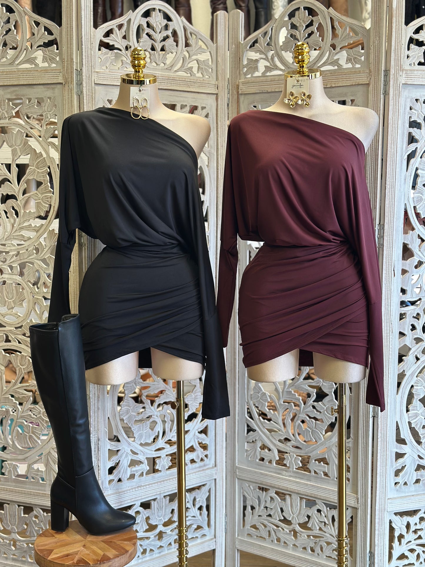 Asymmetrical Off Shoulder Mini Dress- Stretchy,Estira