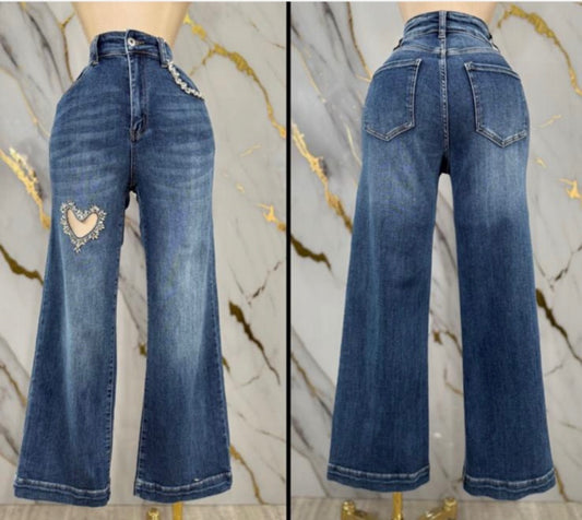 Heart Rhinestone Cutout Denim Wide Leg Jeans - Stretchy, Estira