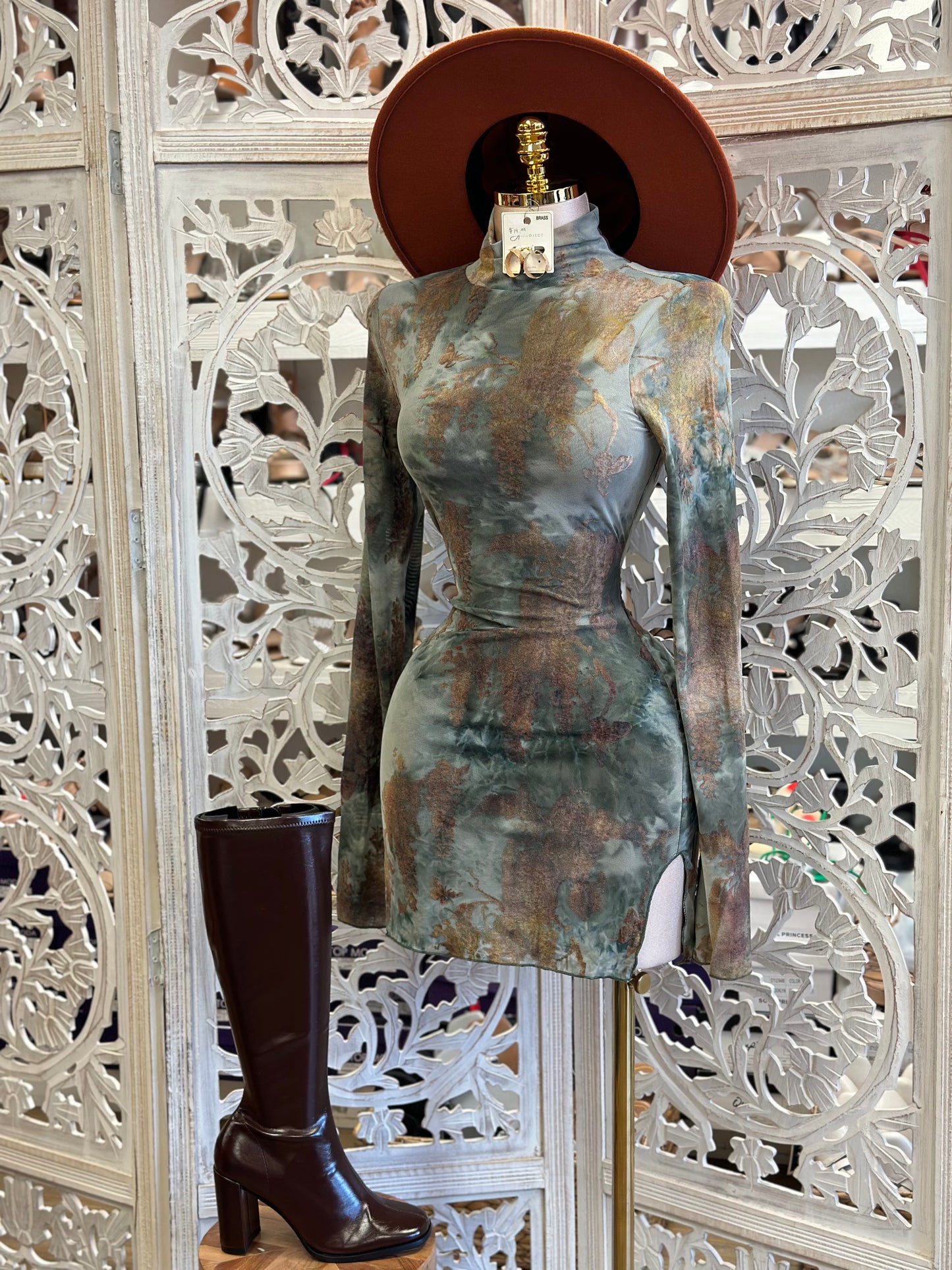 Multi Color Mock Neck Long Sleeve Mini Dress- Stretchy, Estira