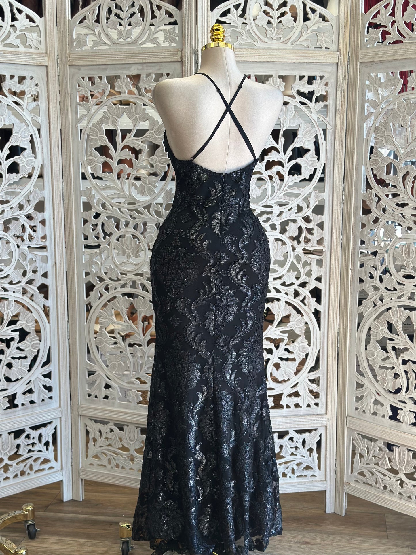 Cross back Glittery Floral Dress- Stretchy,Estira