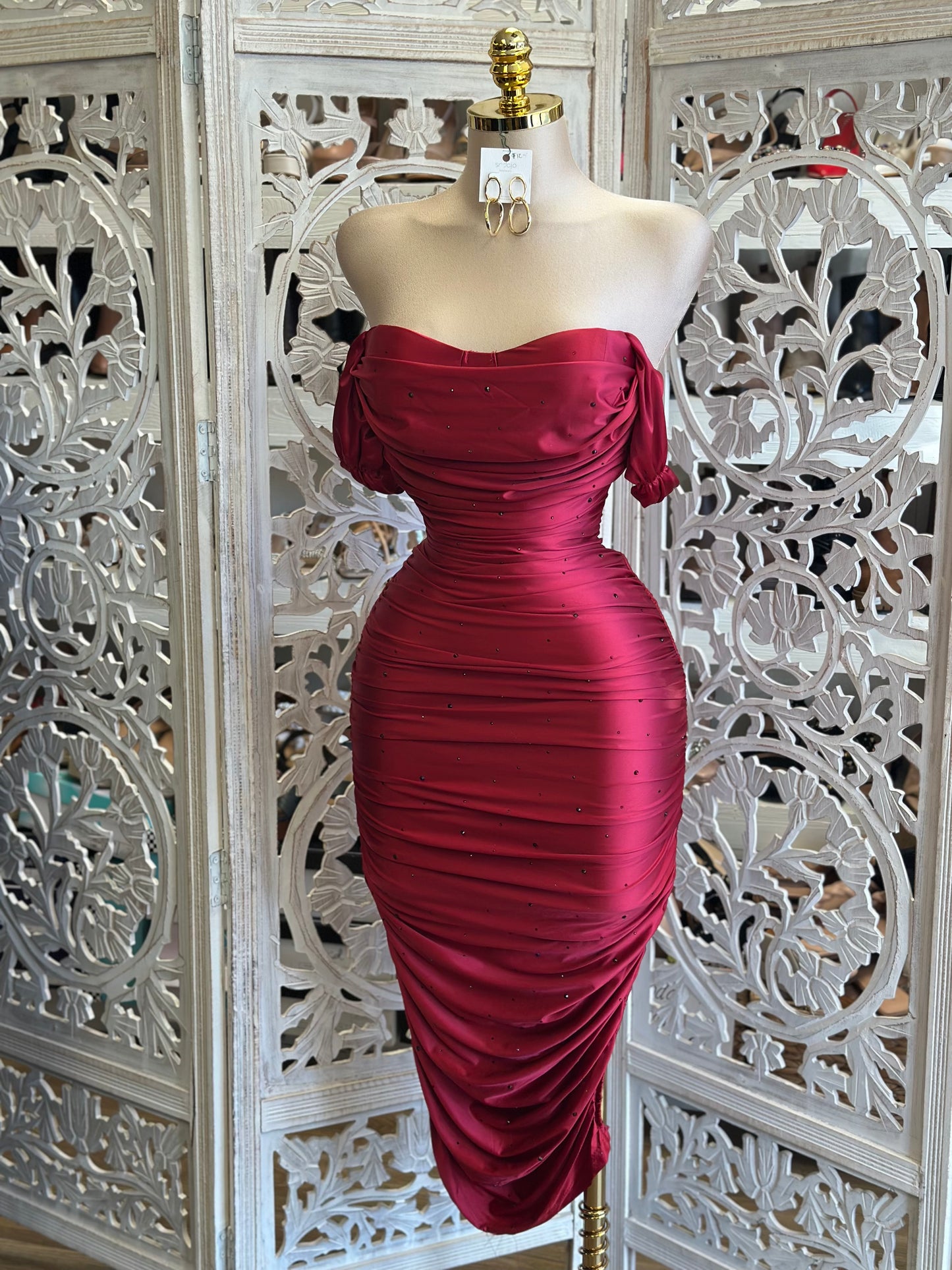 Red Rhinestone Bodycon Dress- Stretchy,Estira