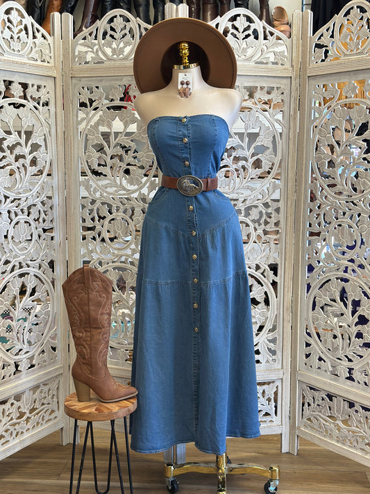 Tiered Button Up Denim Dress-Estira, Stretchy