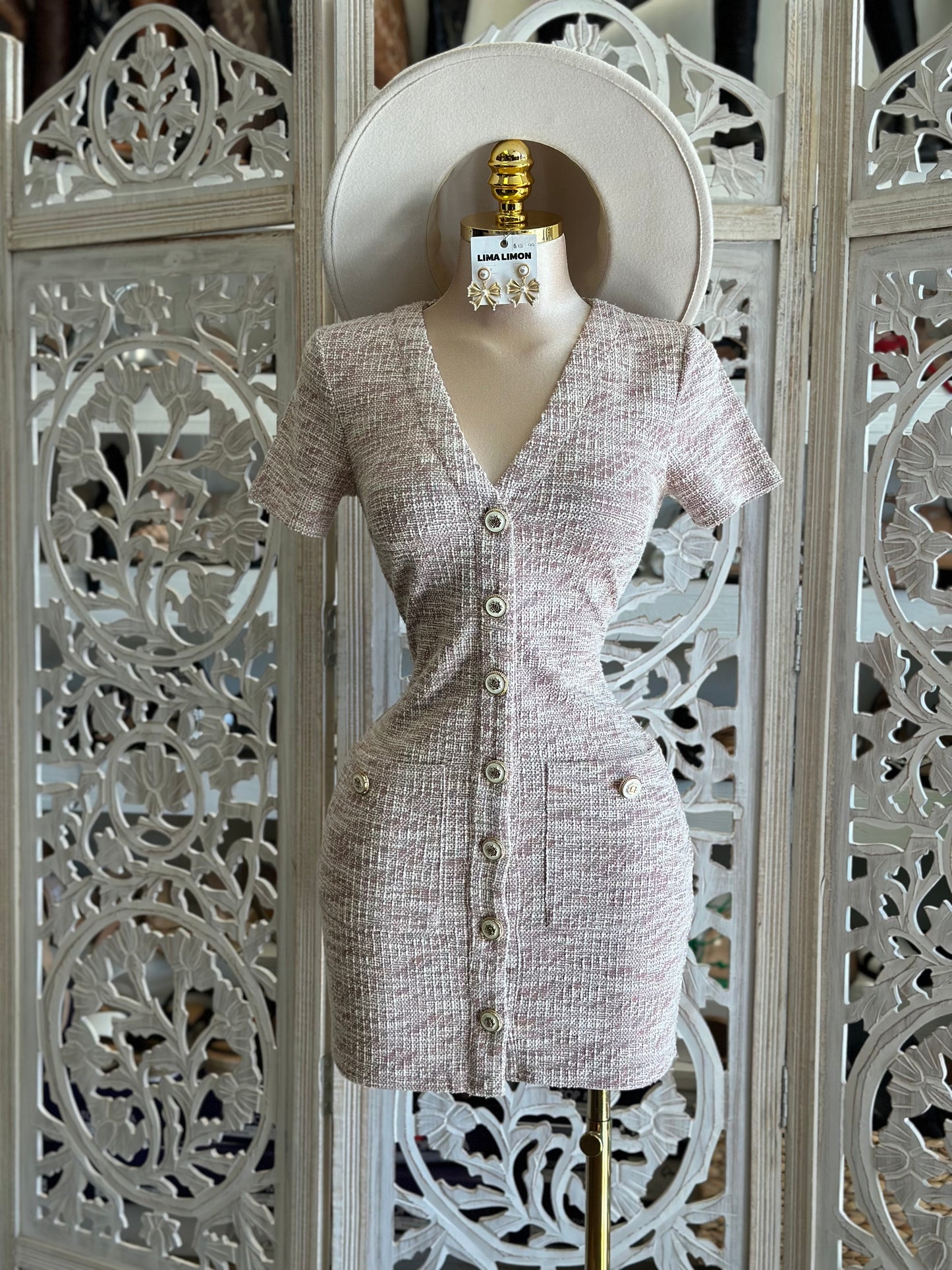 Pale Pink Button Ribbed Mini Dress- Stretchy, Estira