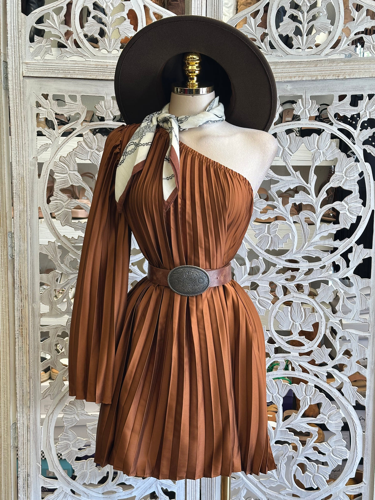 Rust Calliope Plissé Dress- Estira , Stretchy
