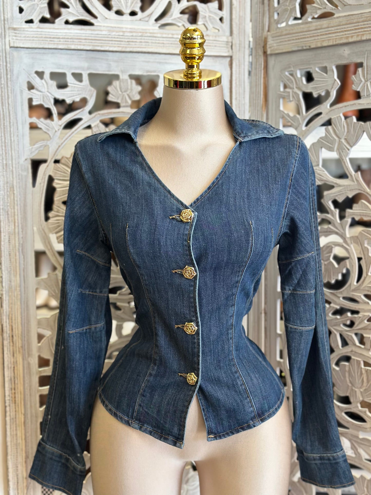 Denim Gold Rose Button Top- Estira, Stretchy