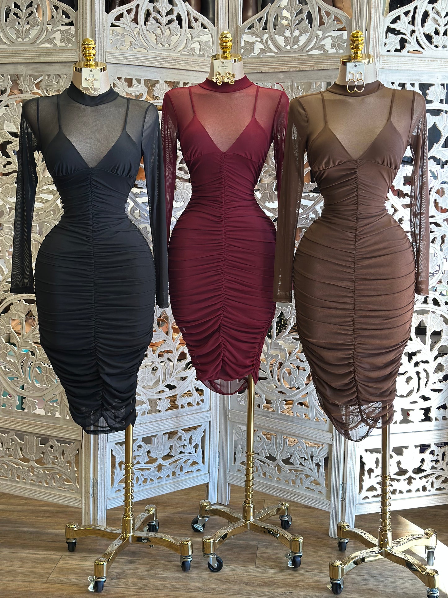 V Garment Mesh Ruched Dress- Stretchy,Estira