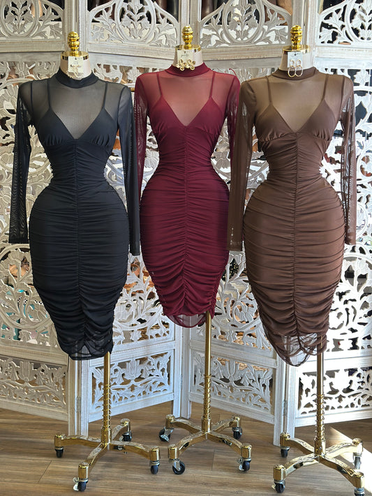 V Garment Mesh Ruched Dress- Stretchy,Estira