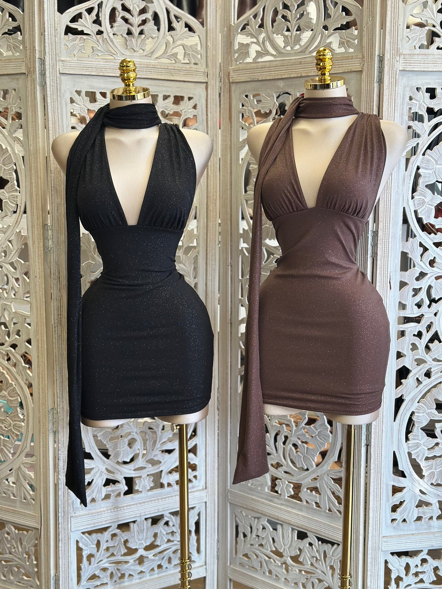 Scarf Deep V Mini Dress- Stretchy,Estira