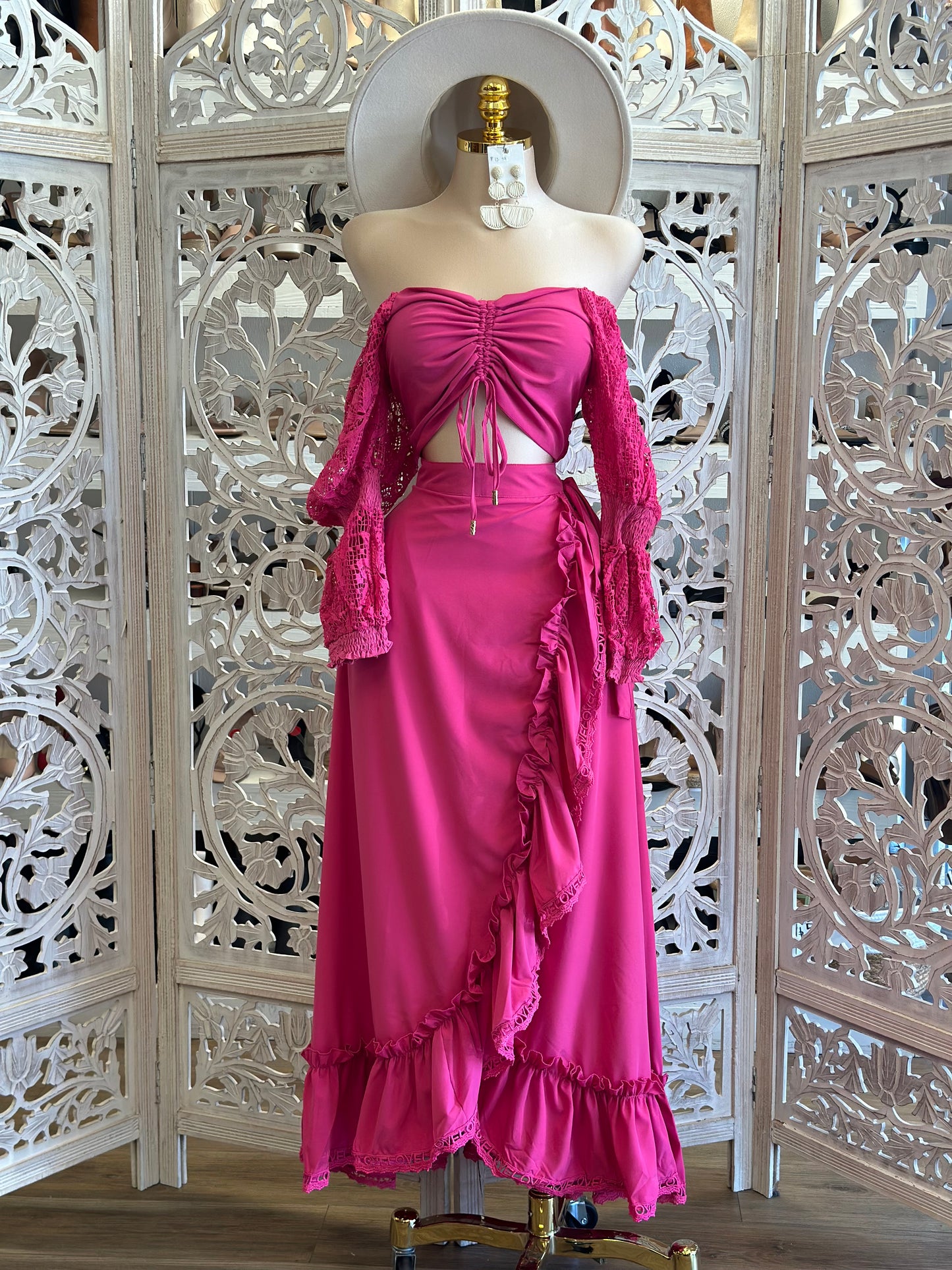 Hot Pink Ruffle Maxi Skirt Set- Not Stretchy, No Estira